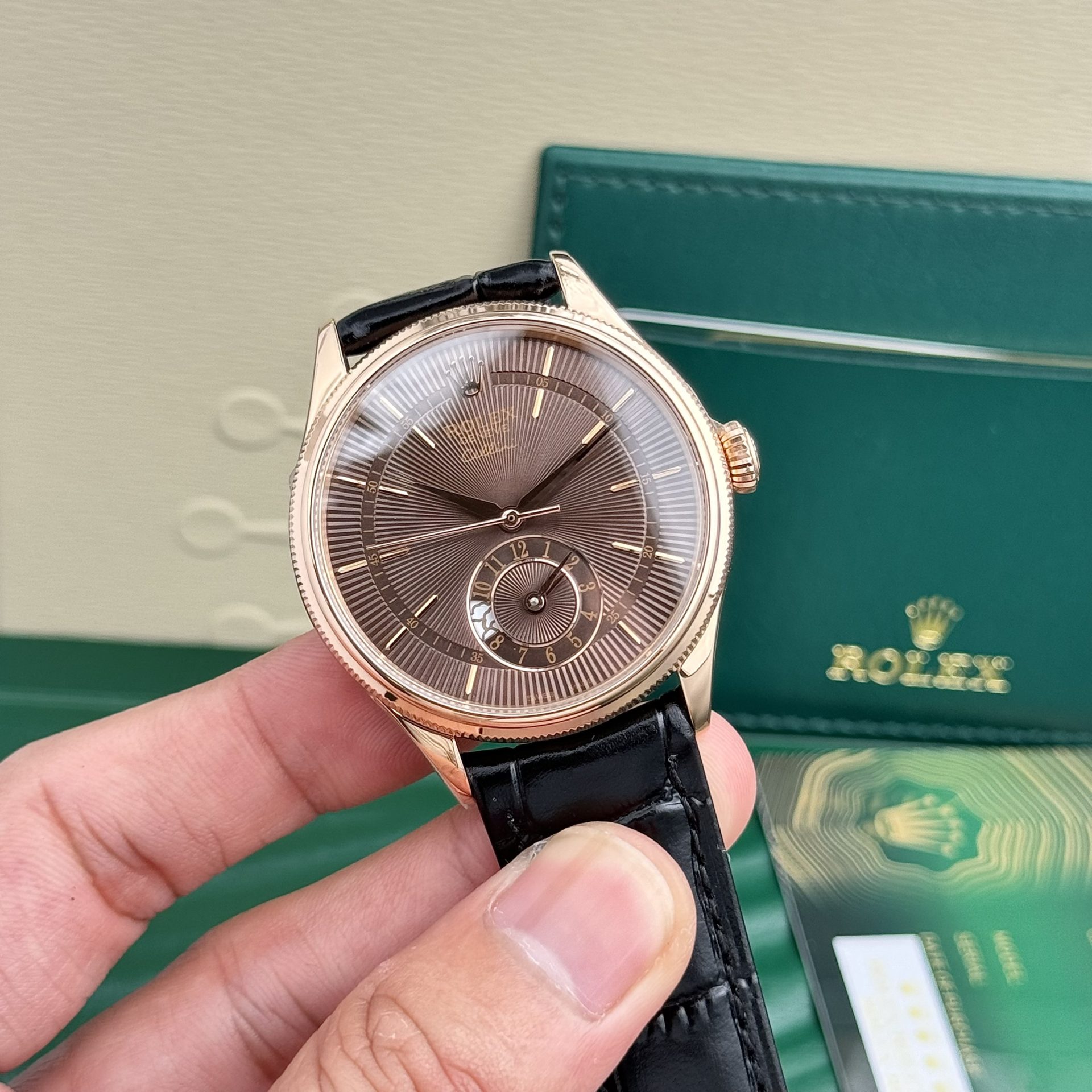 Rolex Super Clone Watch Cellini 50525 Chocolate Dial Leather Strap 39mm - Image 4