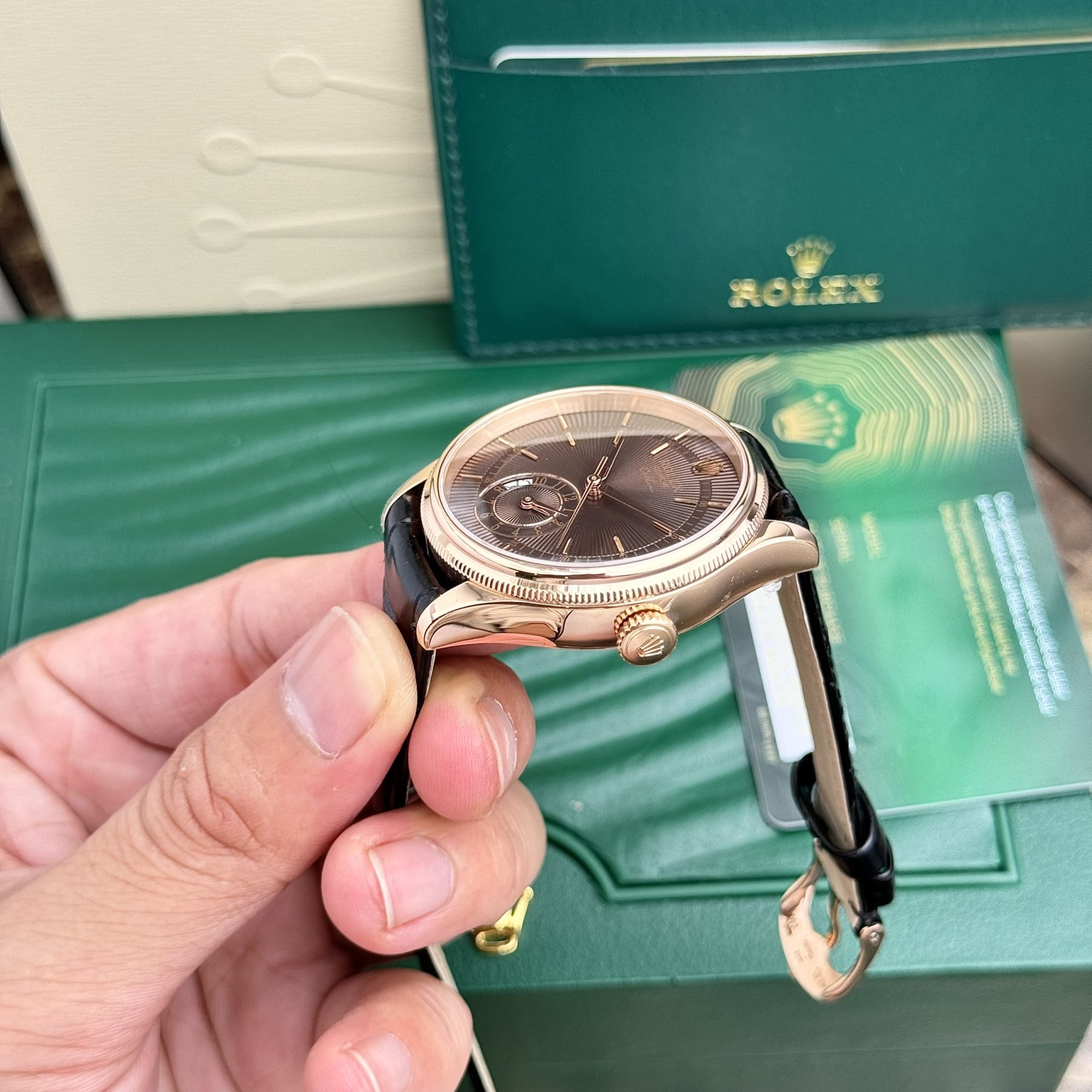 Rolex Super Clone Watch Cellini 50525 Chocolate Dial Leather Strap 39mm - Image 5