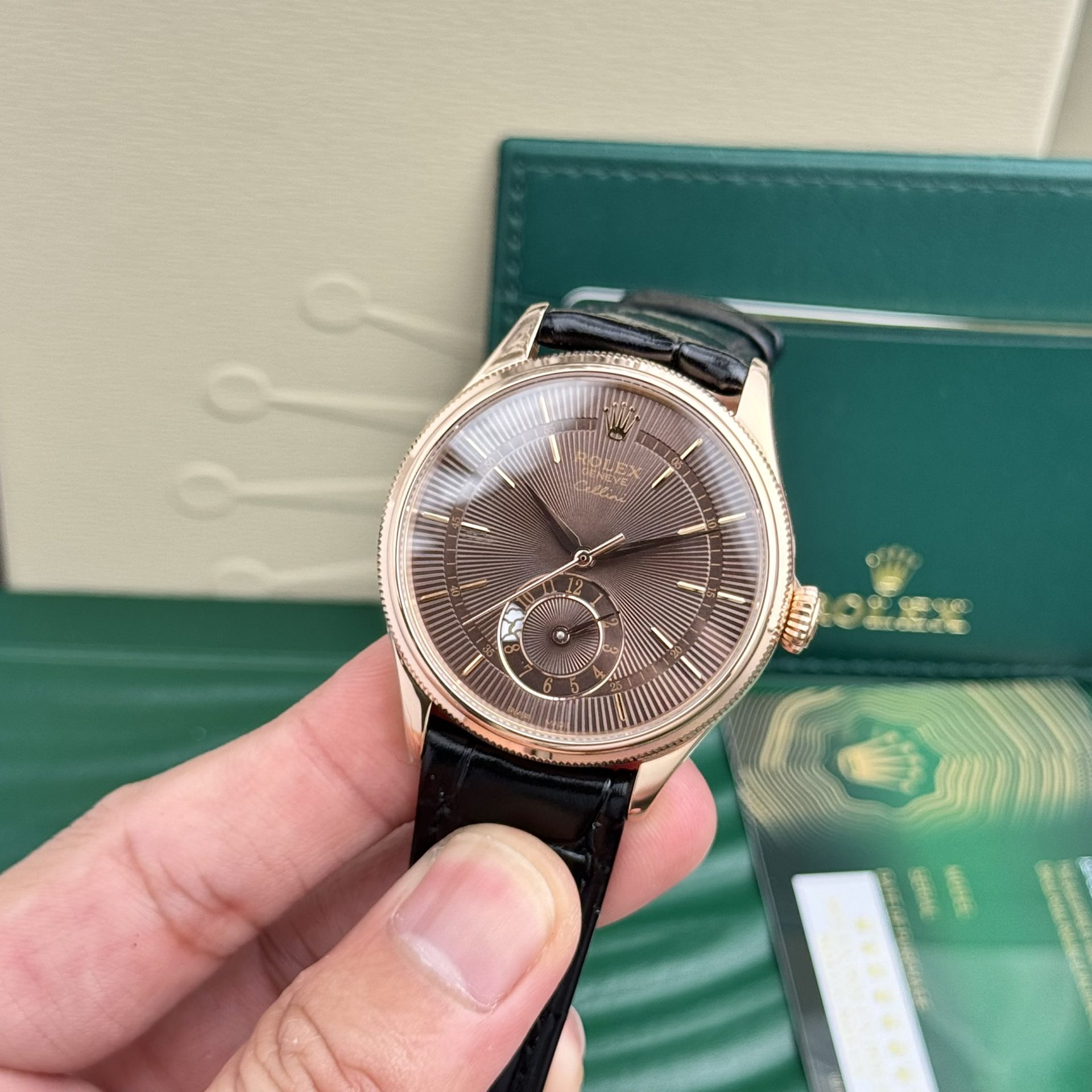 Rolex Super Clone Watch Cellini 50525 Chocolate Dial Leather Strap 39mm - Image 3