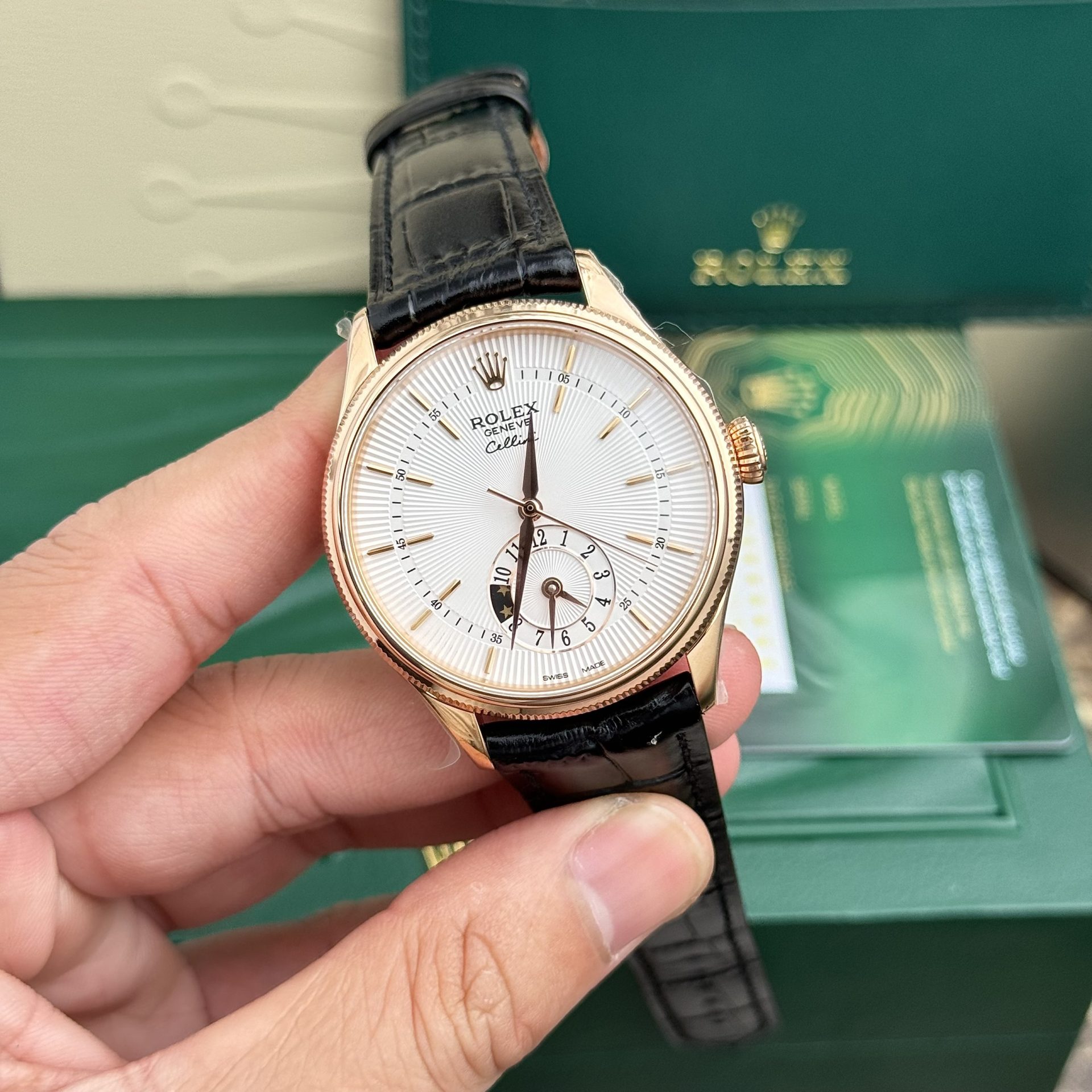 Rolex Super Clone Watch Cellini 50525 White Dial Leather Strap 39mm