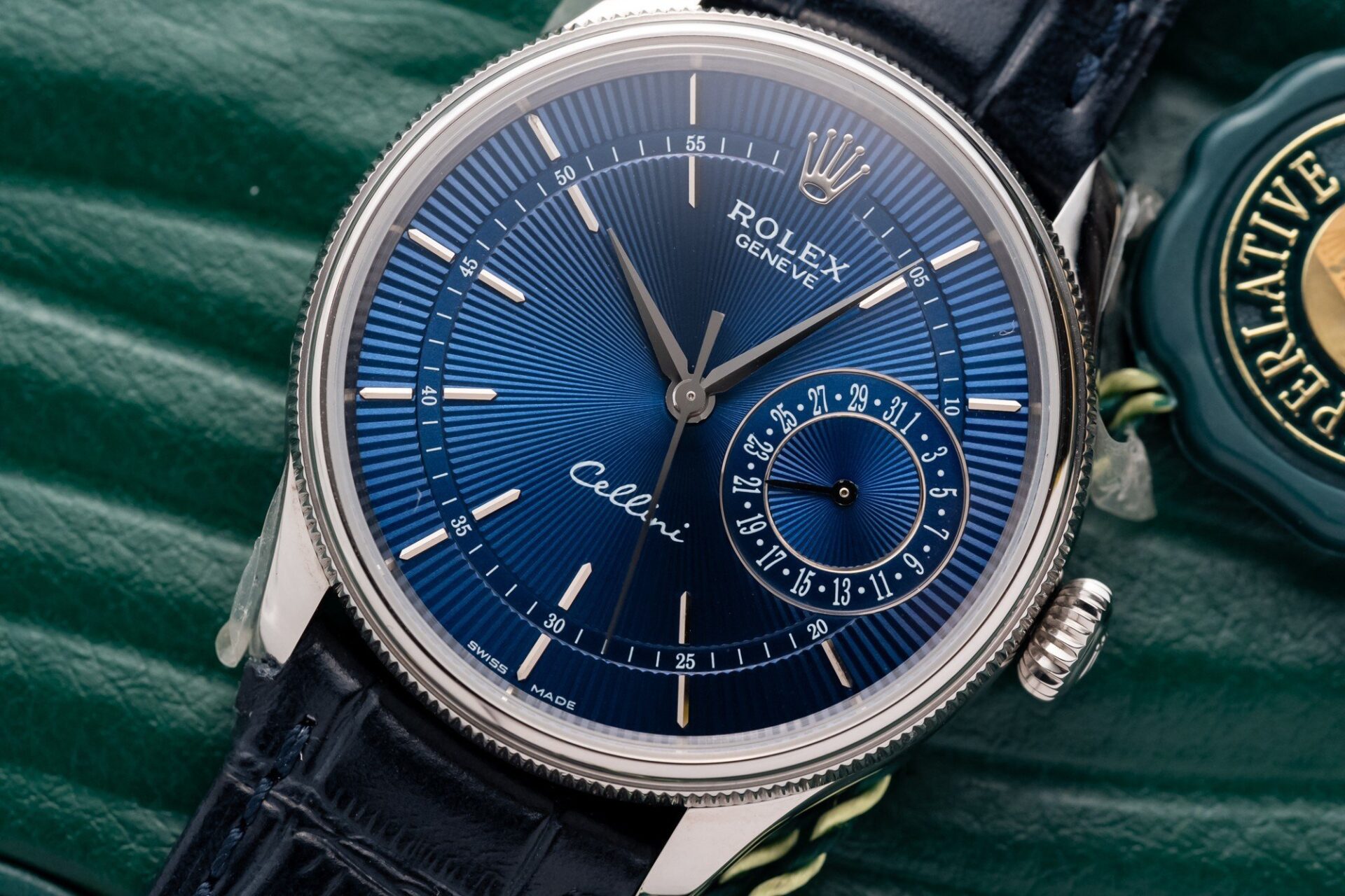 Rolex Super Clone 1:1 Watch Cellini Date 50519 Blue Dial Leather Strap 39mm - Image 4