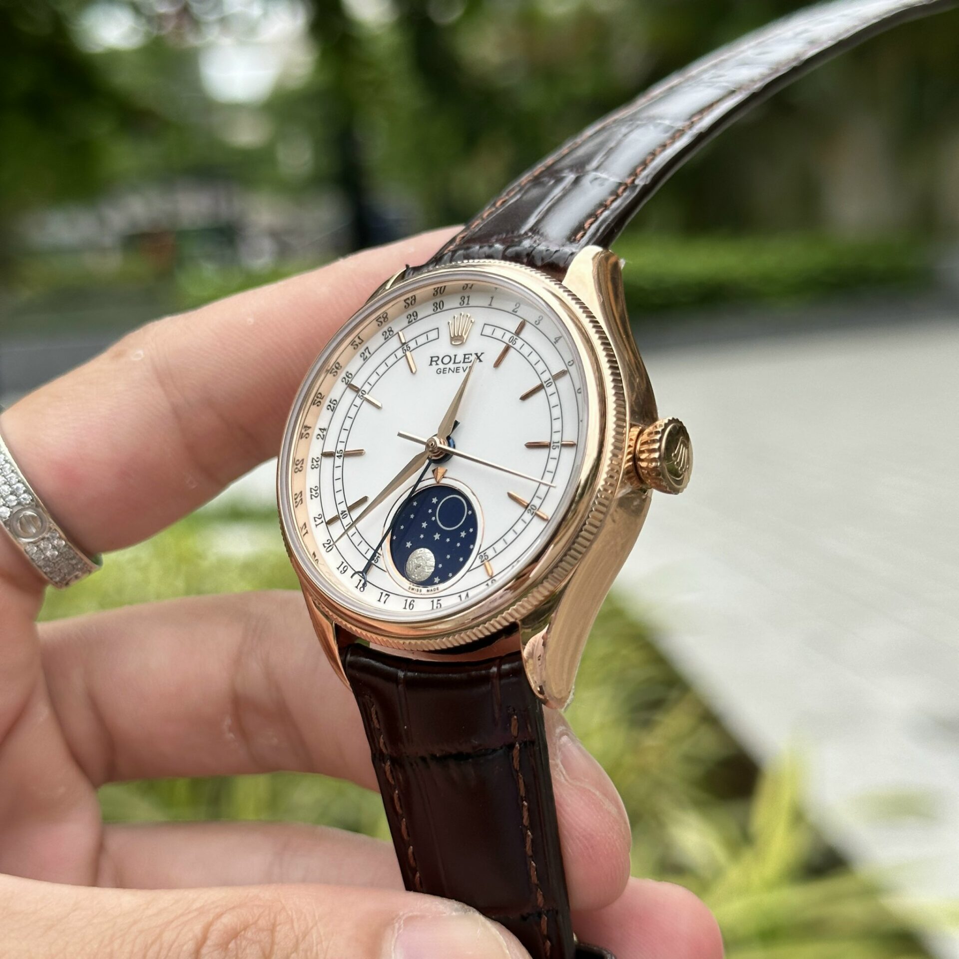 Rolex Super Clone 1:1 Watch Cellini Moonphase 50535 Leather Strap 39mm - Image 4