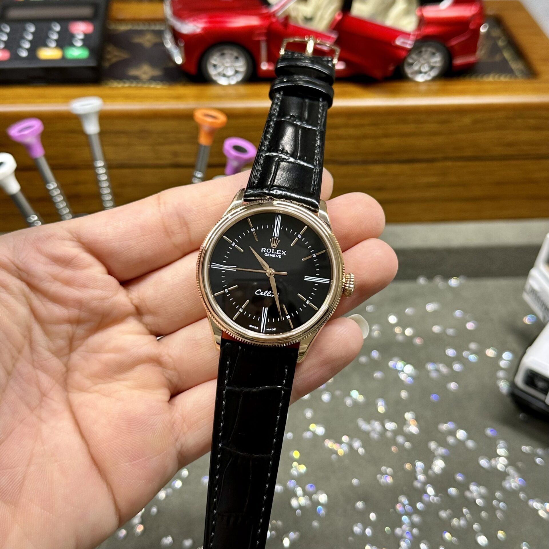 Rolex Super Clone Watch Cellini Time 50505 Black Dial Leather Strap 39mm - Image 2