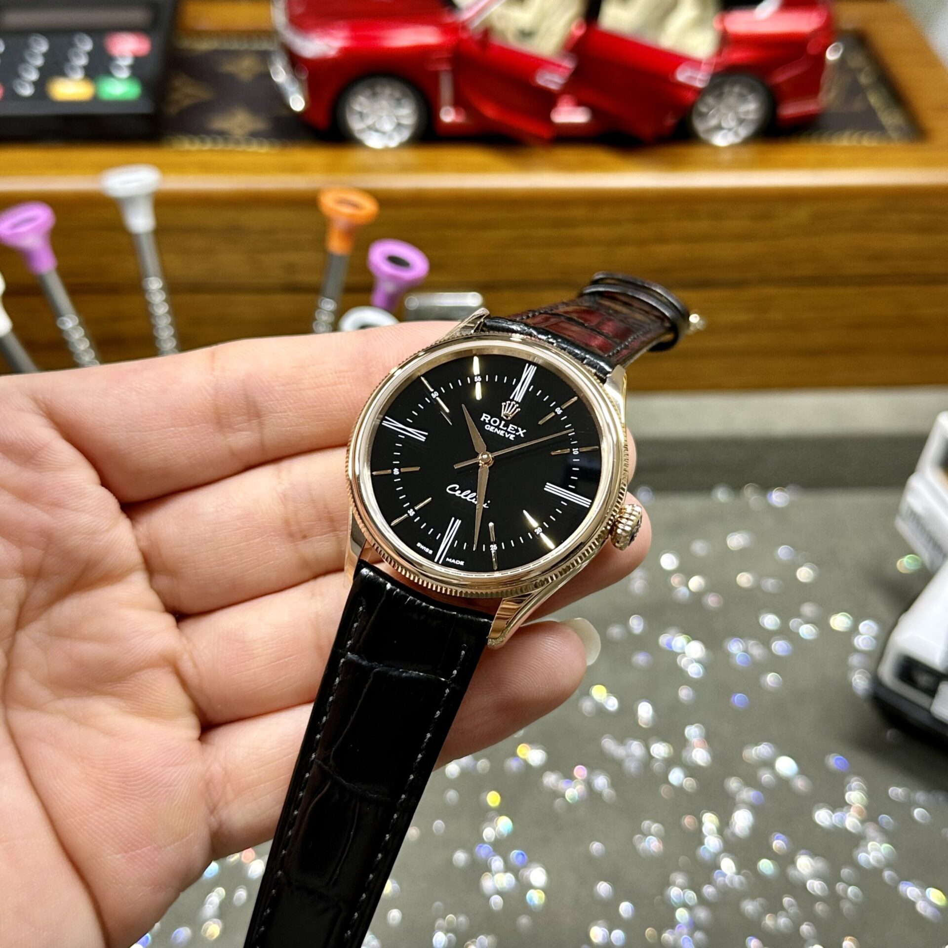 Rolex Super Clone Watch Cellini Time 50505 Black Dial Leather Strap 39mm - Image 3