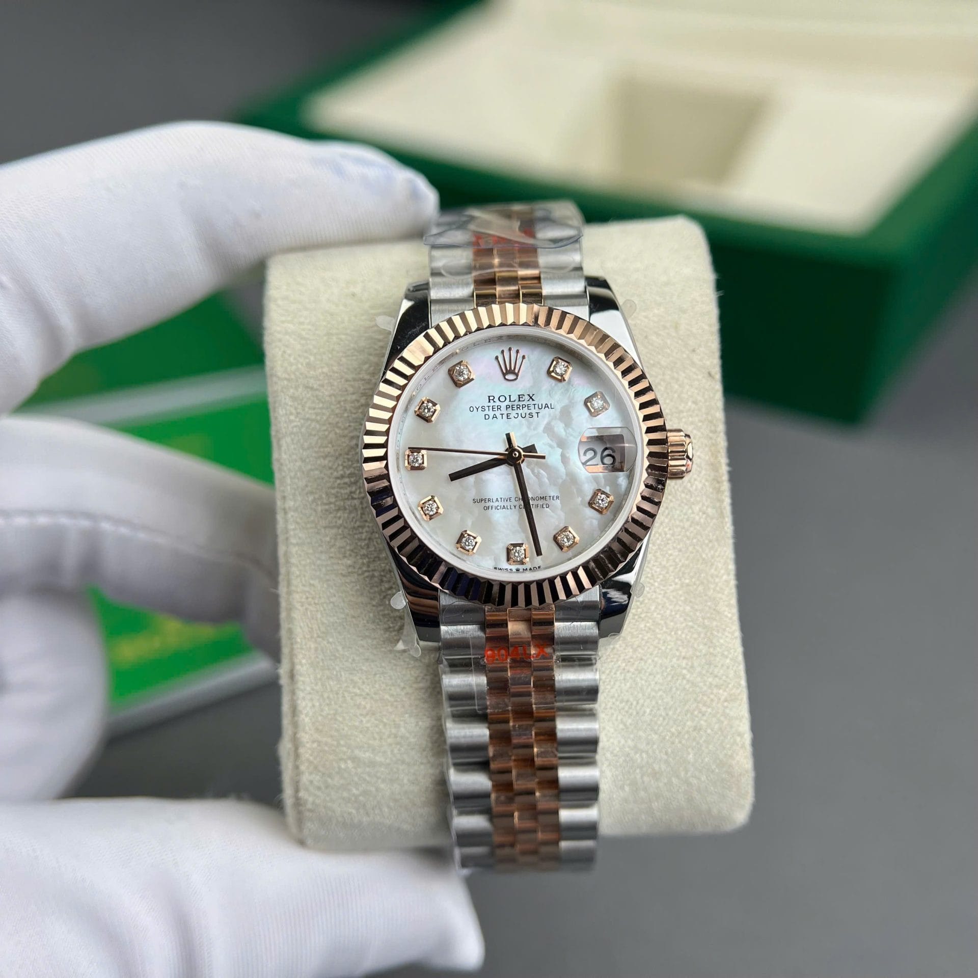 Rolex DateJust Super Clone Watch Gold Wrapped + MOP Dial Natural Diamond Markers GM Factory 31mm - Image 3