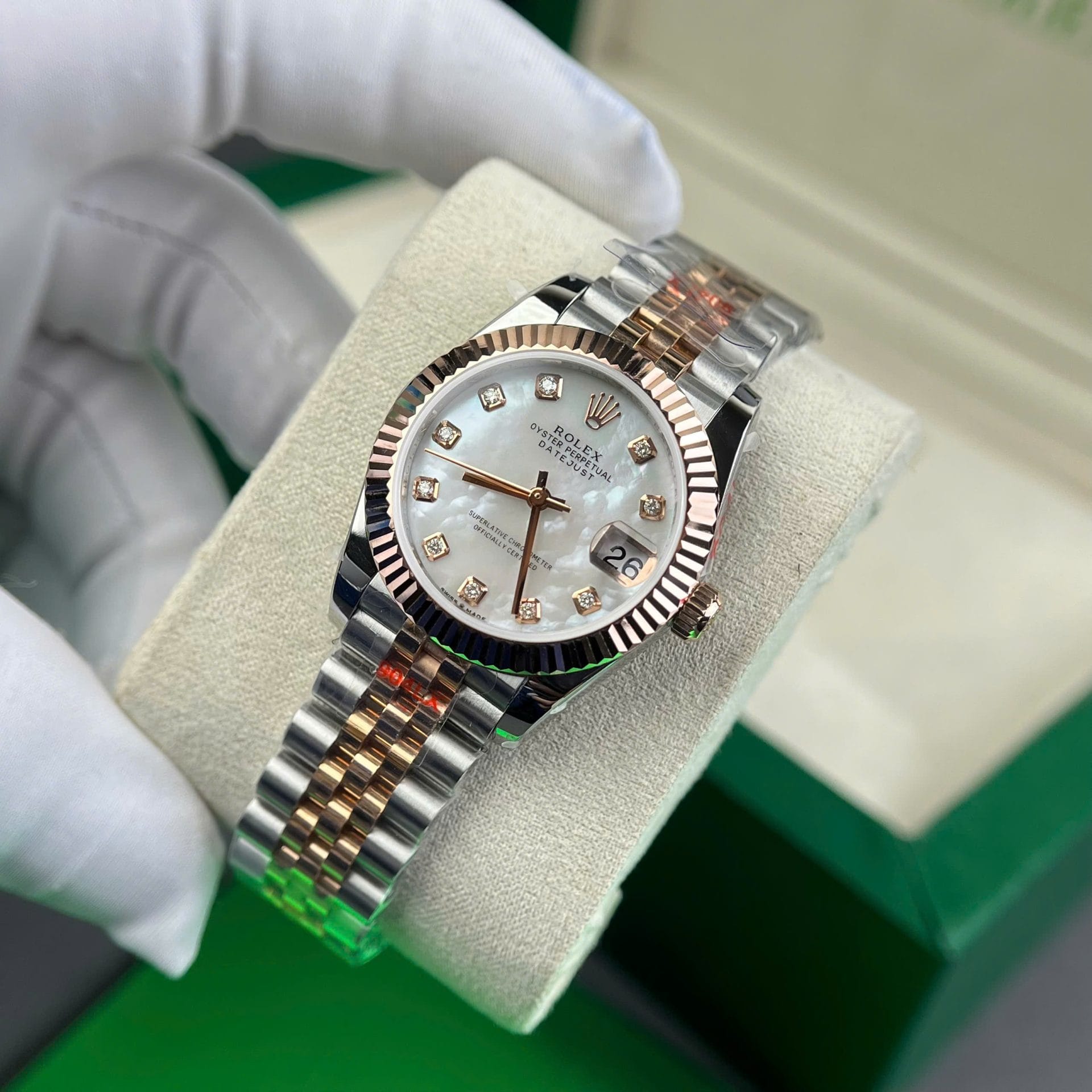 Rolex DateJust Super Clone Watch Gold Wrapped + MOP Dial Natural Diamond Markers GM Factory 31mm - Image 5