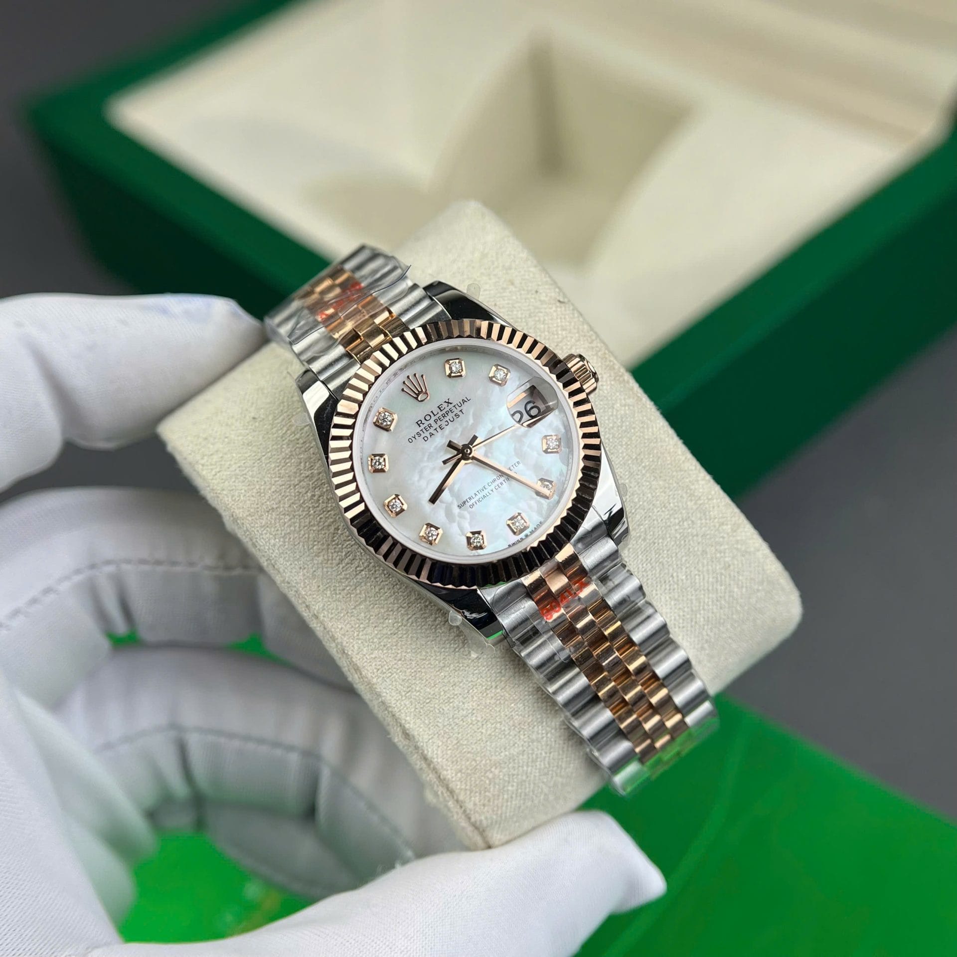 Rolex DateJust Super Clone Watch Gold Wrapped + MOP Dial Natural Diamond Markers GM Factory 31mm - Image 4
