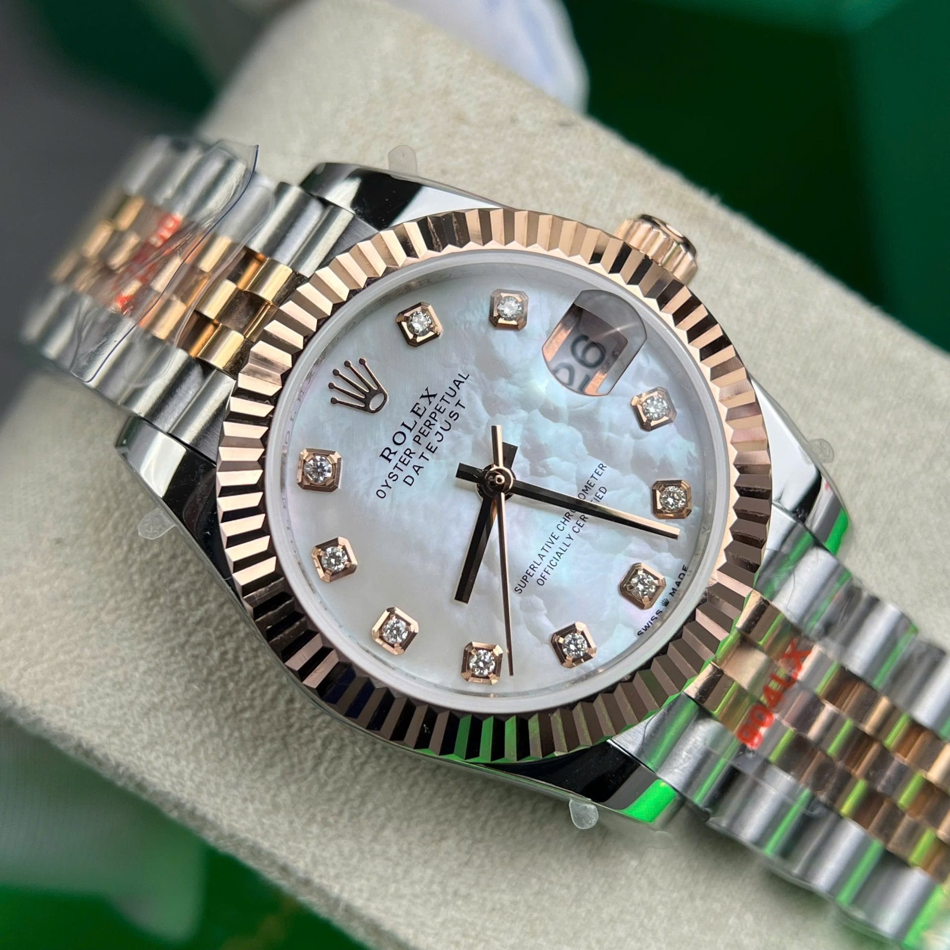 Rolex DateJust Super Clone Watch Gold Wrapped + MOP Dial Natural Diamond Markers GM Factory 31mm - Image 7