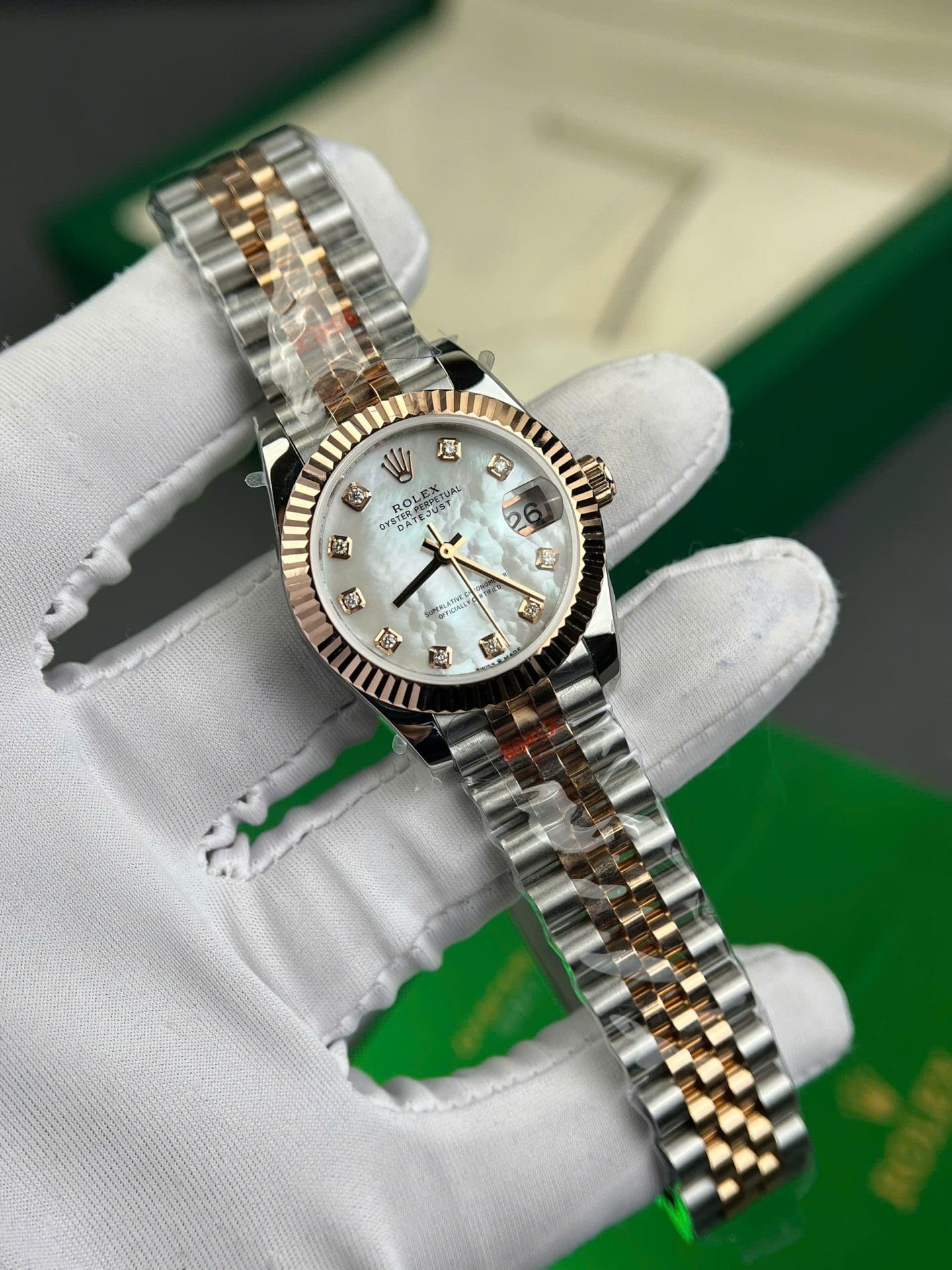 Rolex DateJust Super Clone Watch Gold Wrapped + MOP Dial Natural Diamond Markers GM Factory 31mm - Image 2