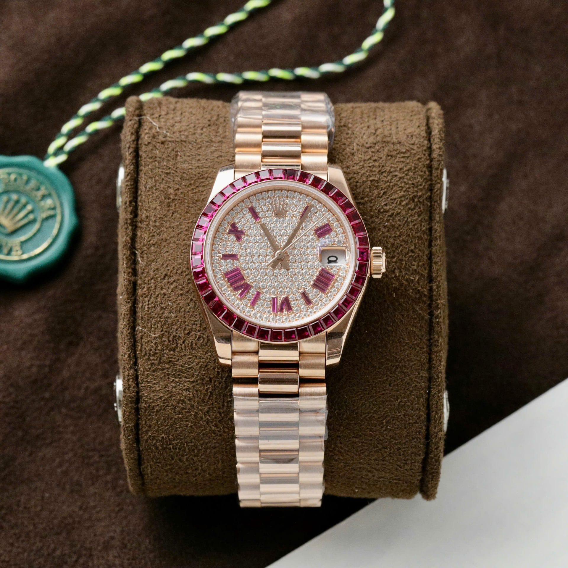 Rolex DateJust Women Custom Gold Wrapped + Ruby Baguette + Diamonds Moissanite 31mm Super Clone - Image 2