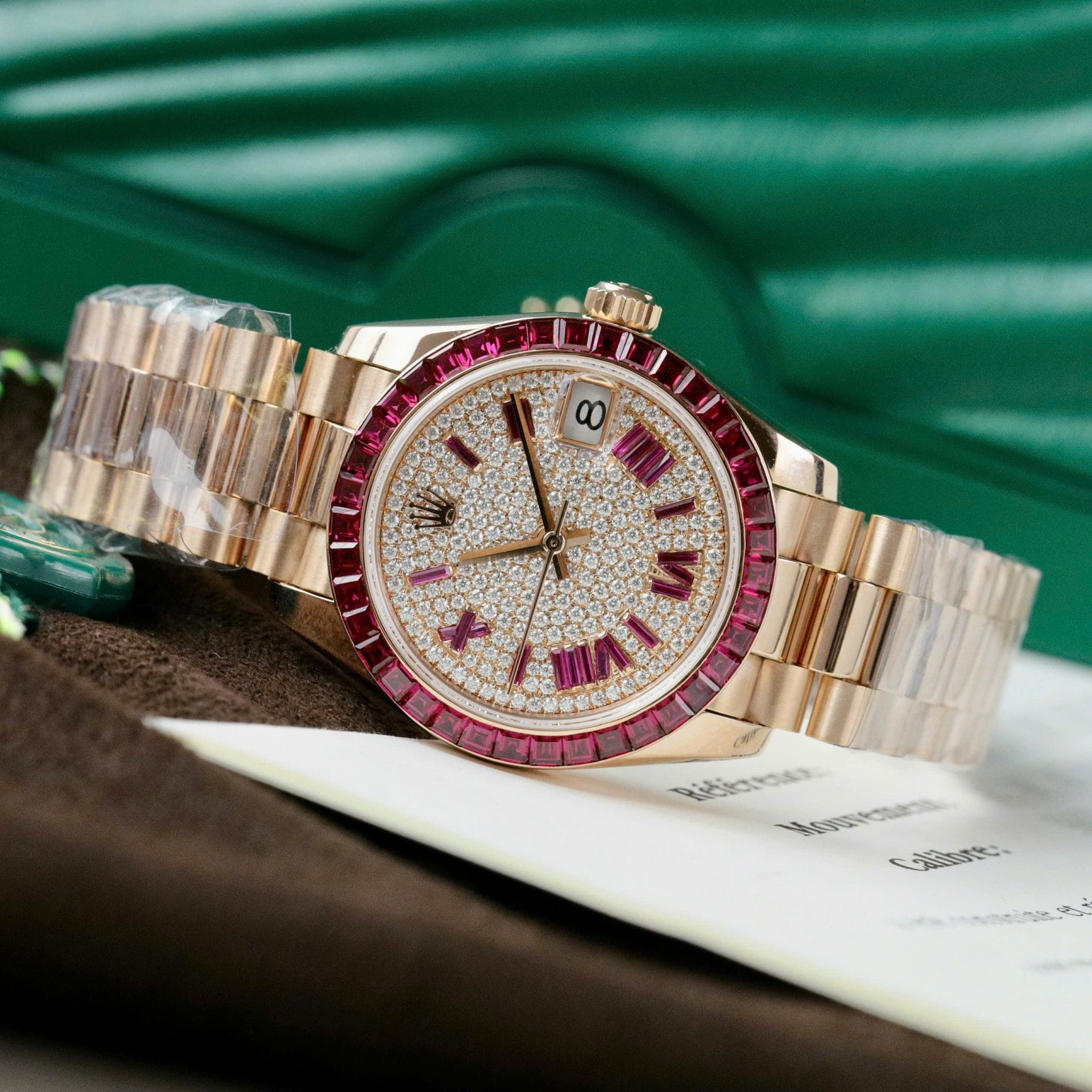 Rolex DateJust Women Custom Gold Wrapped + Ruby Baguette + Diamonds Moissanite 31mm Super Clone - Image 4