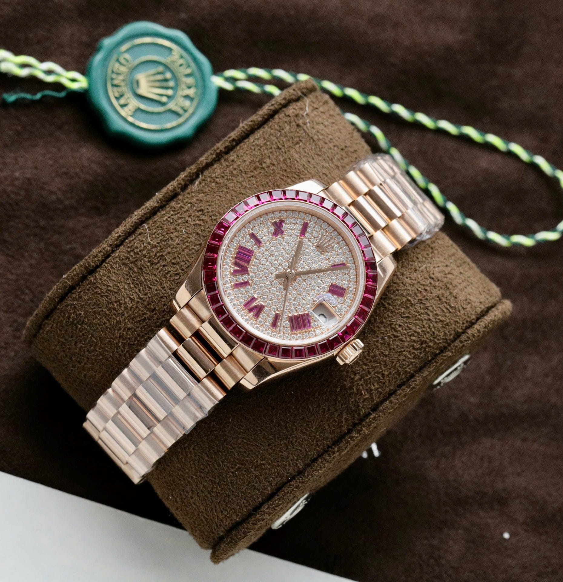 Rolex DateJust Women Custom Gold Wrapped + Ruby Baguette + Diamonds Moissanite 31mm Super Clone - Image 3