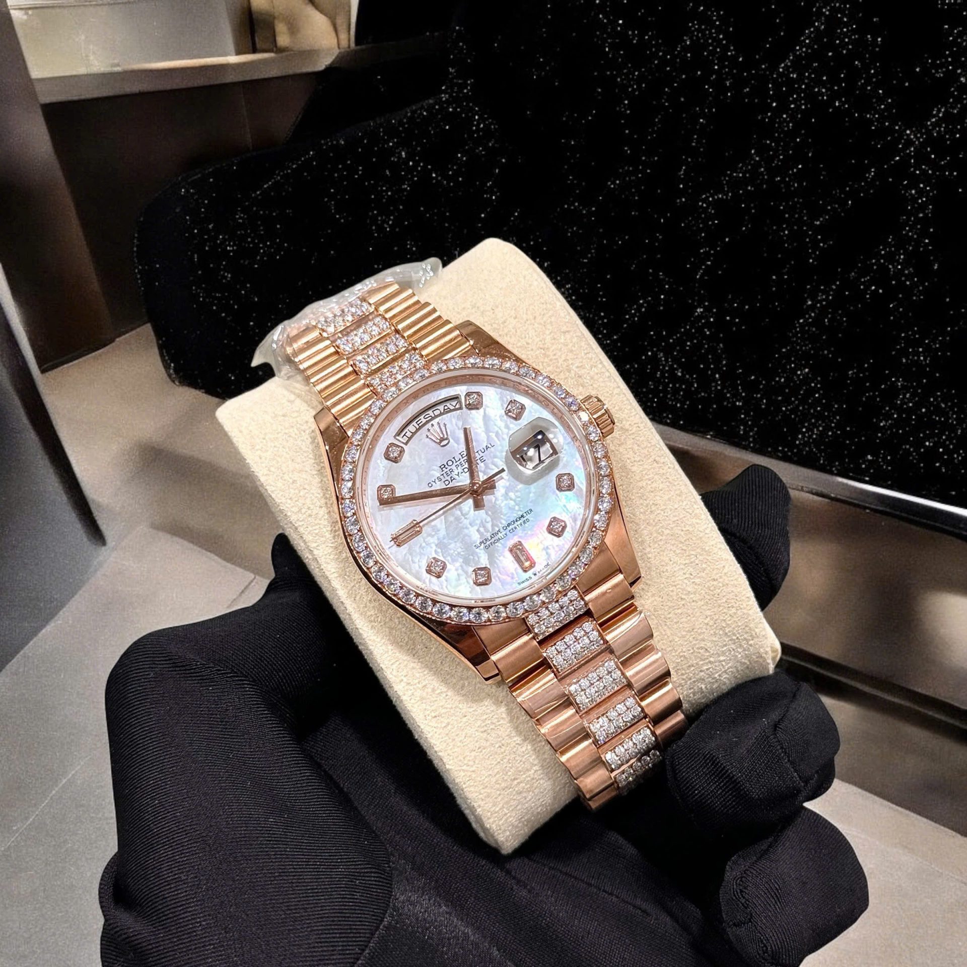 Rolex Day-Date Super Clone Watch Gold Wrapped Moissanite Diamonds Hong Kong 36mm - Image 5