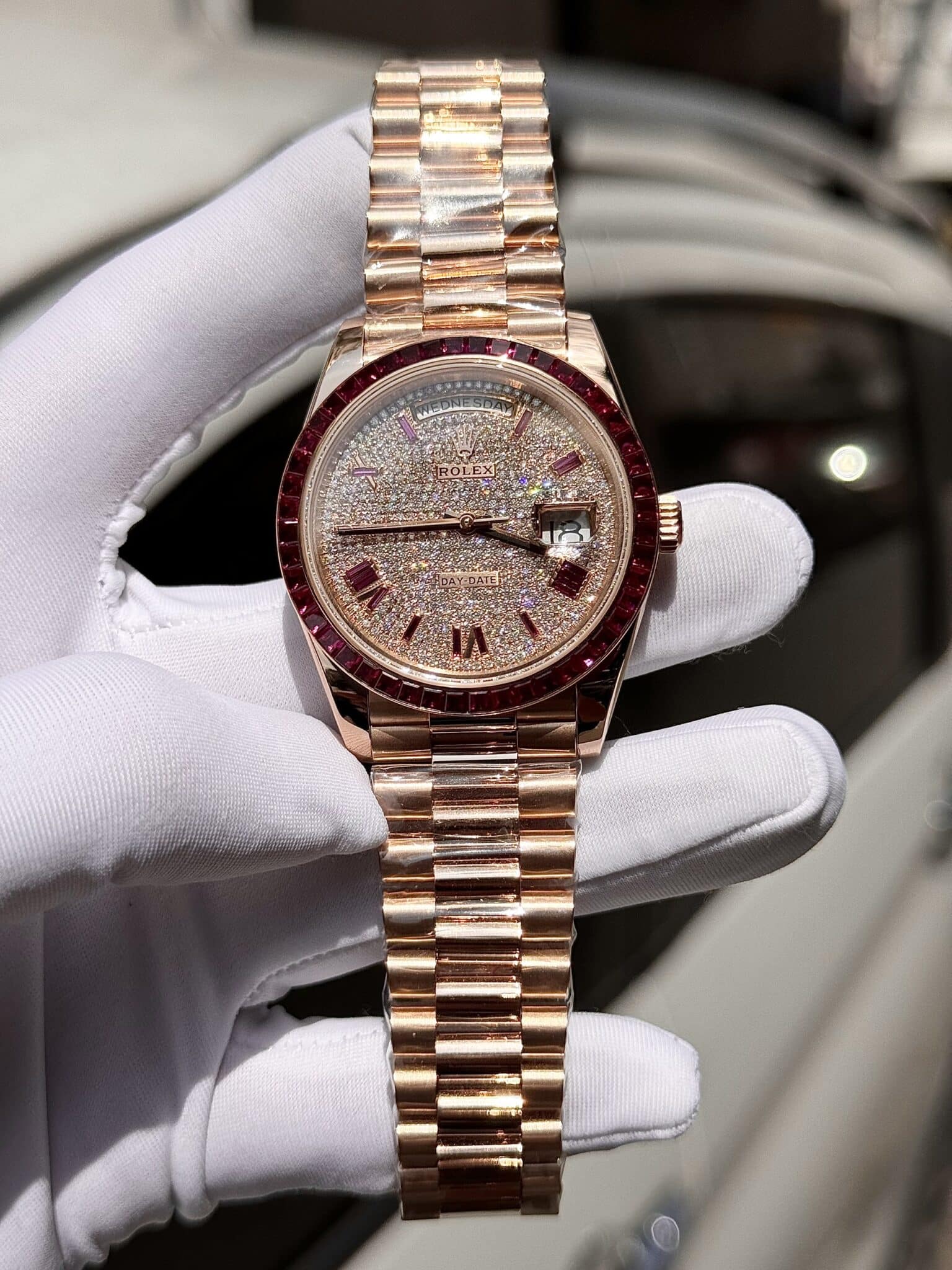 Rolex Super Clone Day-Date Custom Ruby Red & Baguette Moissanite Diamonds GM Factory 40mm - Image 2