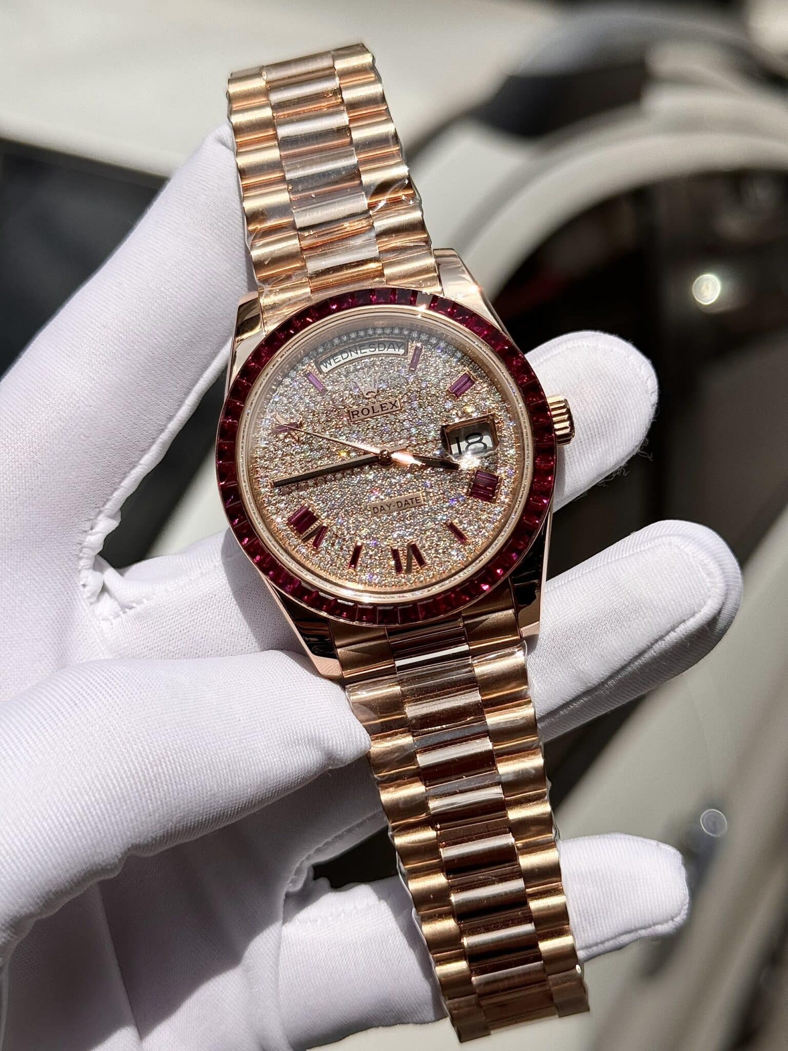 Rolex Super Clone Day-Date Custom Ruby Red & Baguette Moissanite Diamonds GM Factory 40mm - Image 3