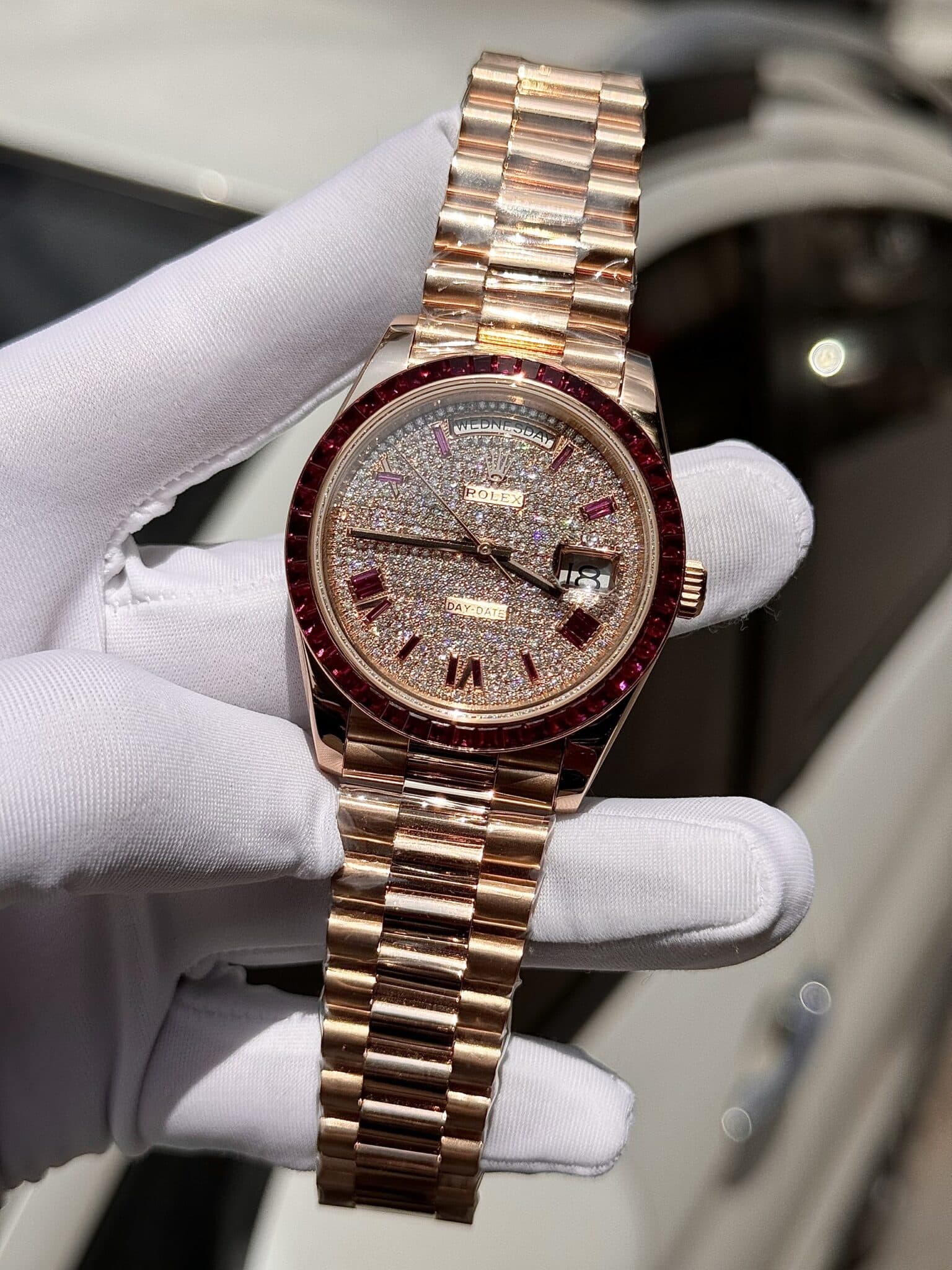 Rolex Super Clone Day-Date Custom Ruby Red & Baguette Moissanite Diamonds GM Factory 40mm - Image 4