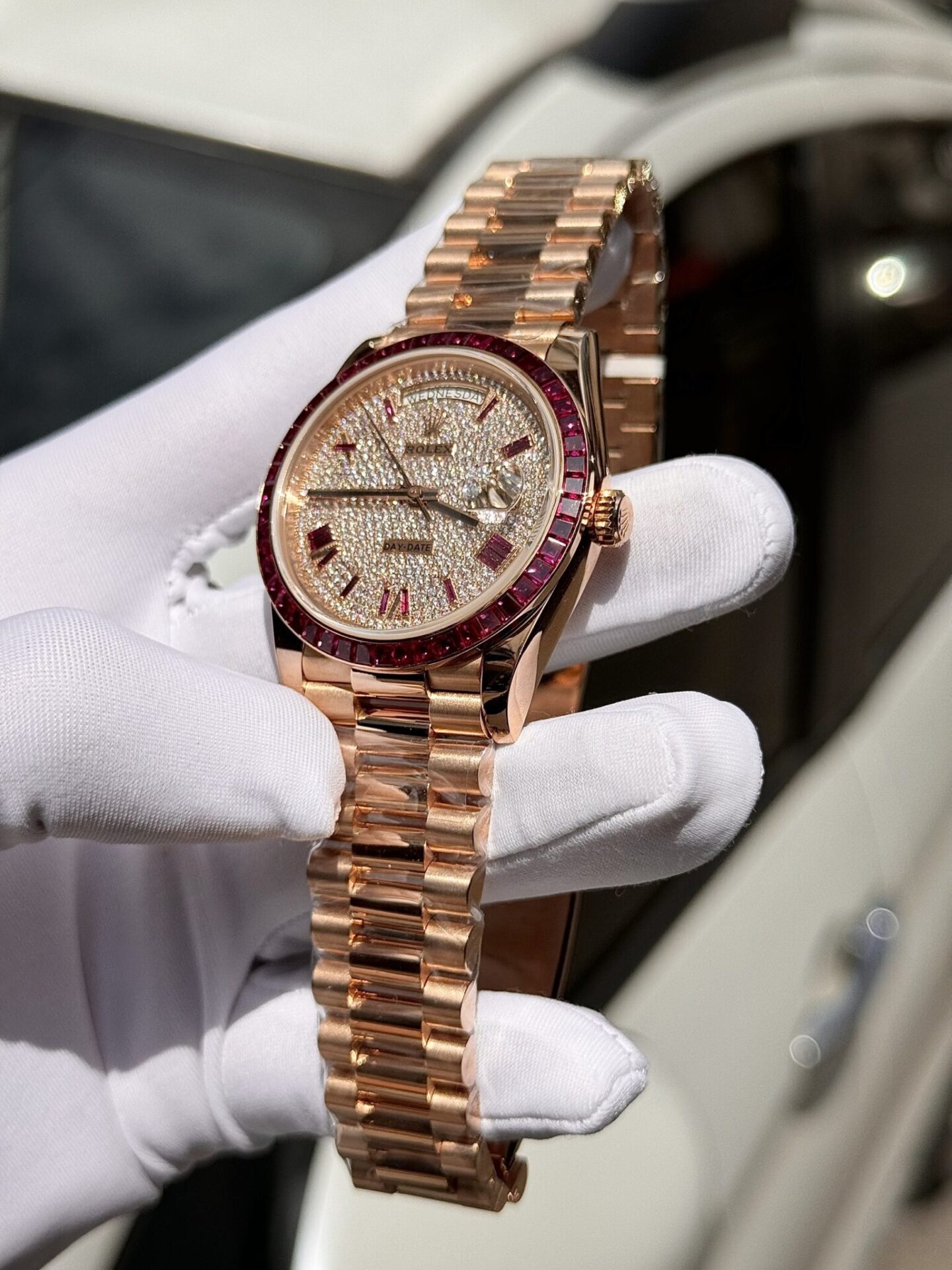 Rolex Super Clone Day-Date Custom Ruby Red & Baguette Moissanite Diamonds GM Factory 40mm - Image 5
