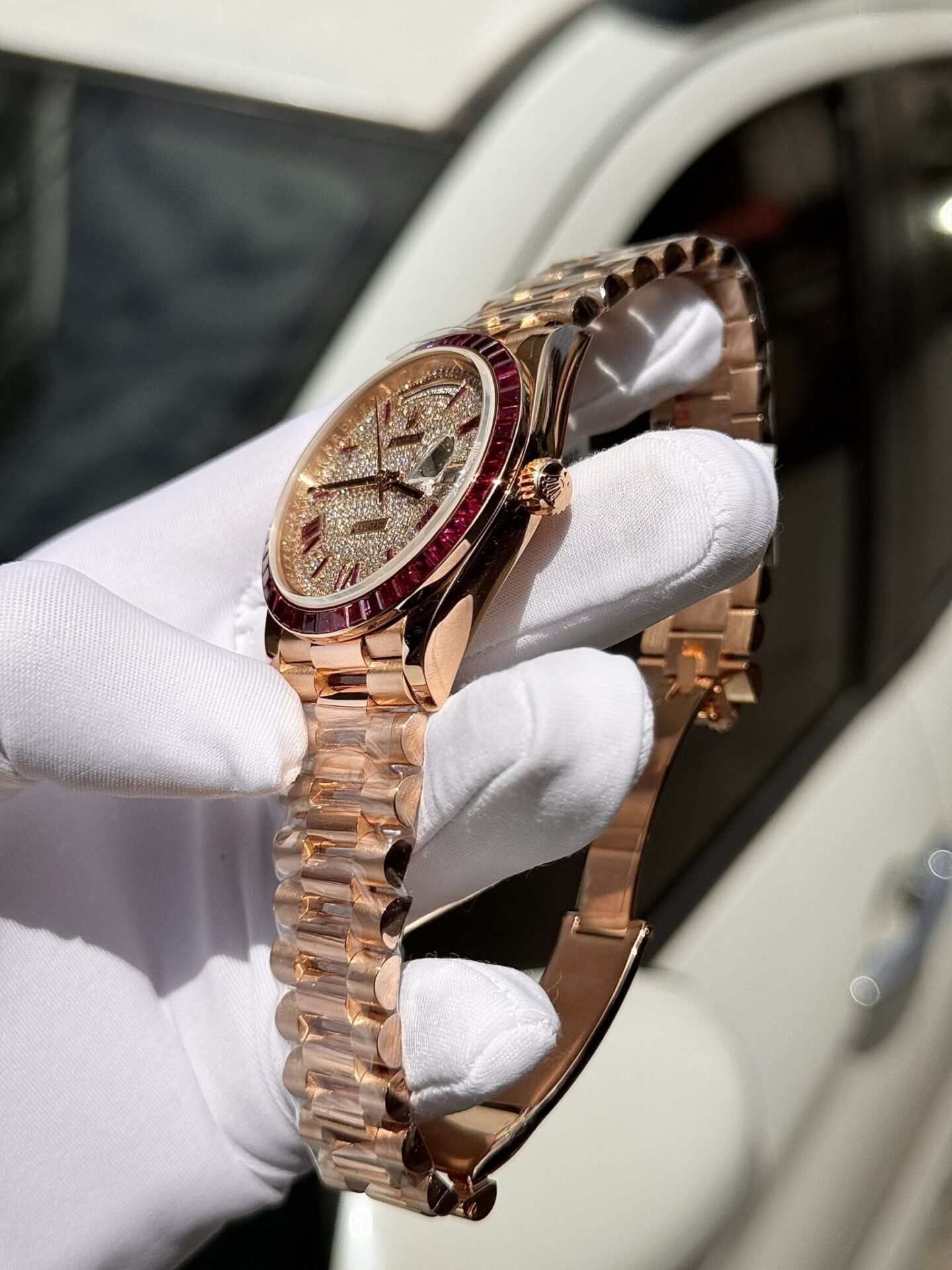Rolex Super Clone Day-Date Custom Ruby Red & Baguette Moissanite Diamonds GM Factory 40mm - Image 8