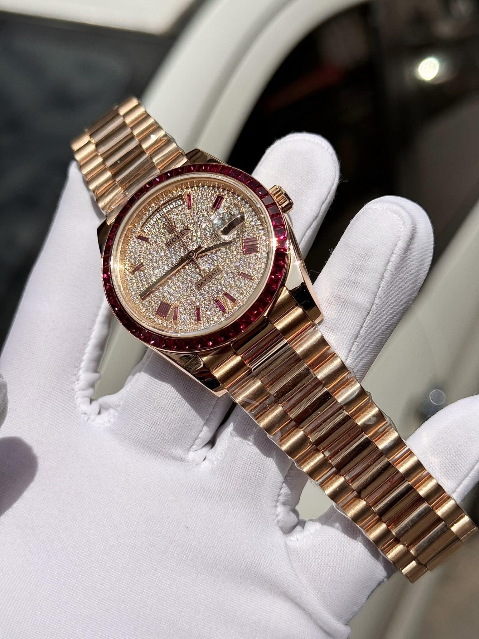 Rolex Super Clone Day-Date Custom Ruby Red & Baguette Moissanite Diamonds GM Factory 40mm - Image 6