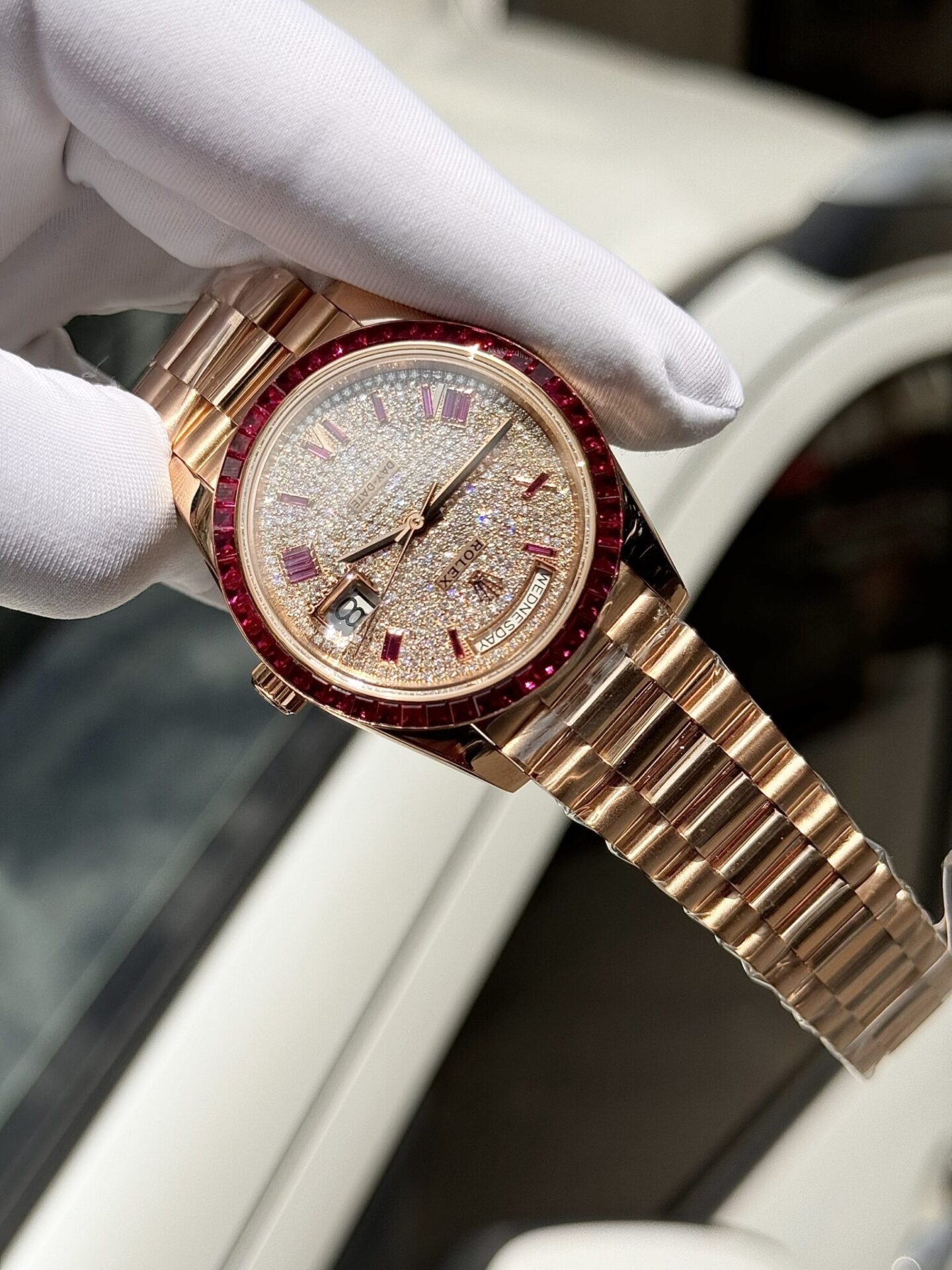 Rolex Super Clone Day-Date Custom Ruby Red & Baguette Moissanite Diamonds GM Factory 40mm - Image 7