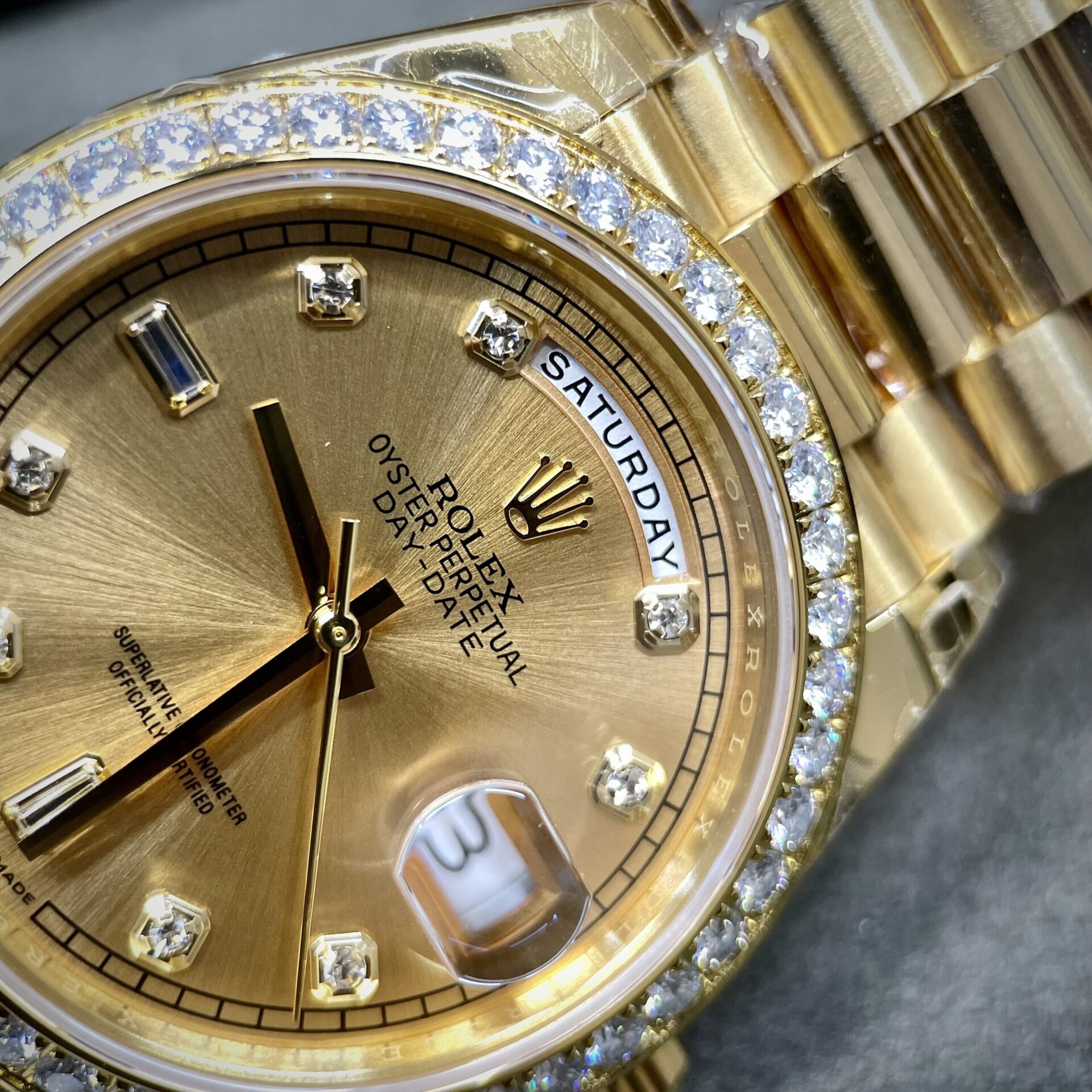 Rolex Super Clone Day-Date Yellow Dial Custom Moissanite Diamonds 40mm - Image 4