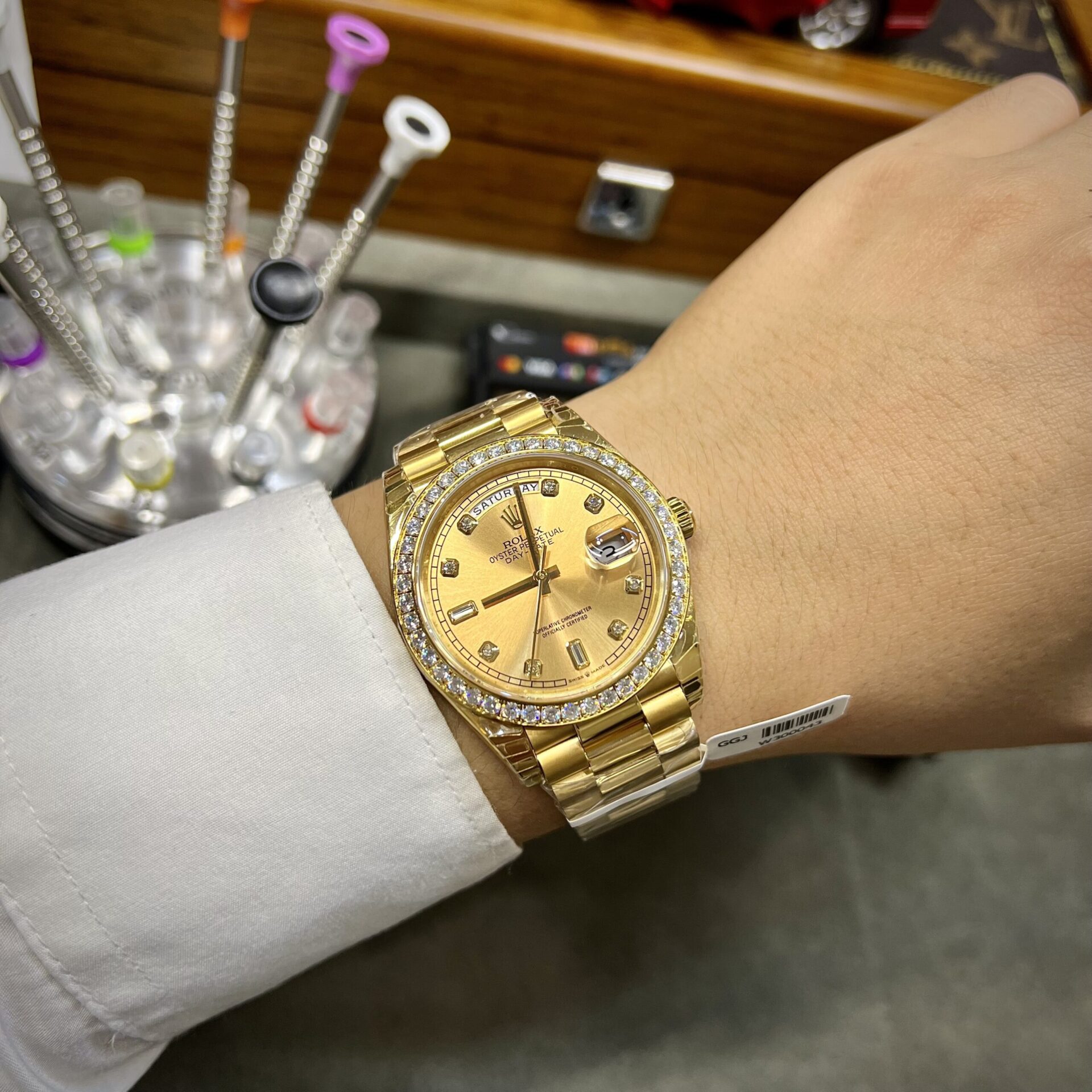 Rolex Super Clone Day-Date Yellow Dial Custom Moissanite Diamonds 40mm - Image 9