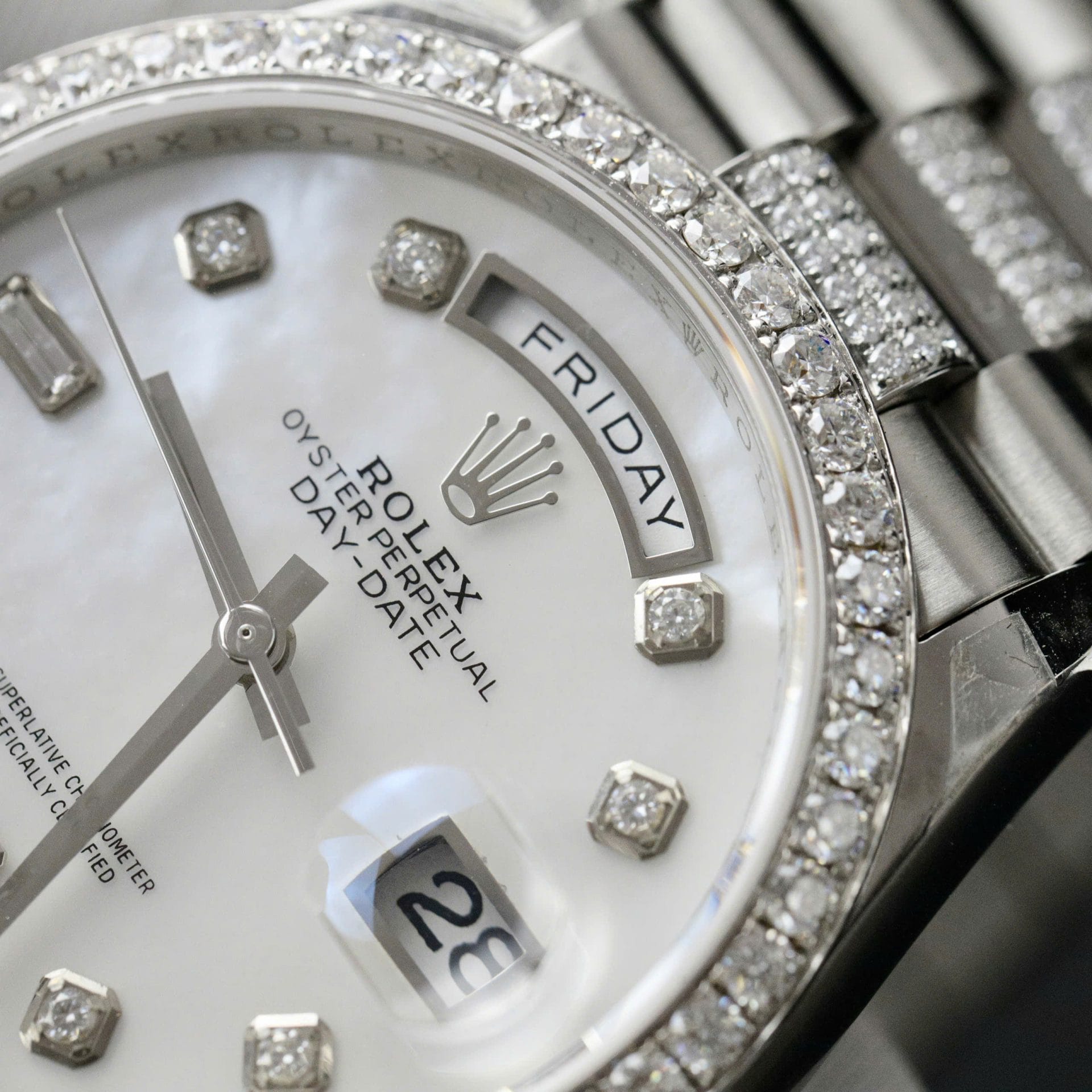 Rolex Day-Date Dial MOP Super Clone Watch Custom Moissanite Diamonds 36mm - Image 5