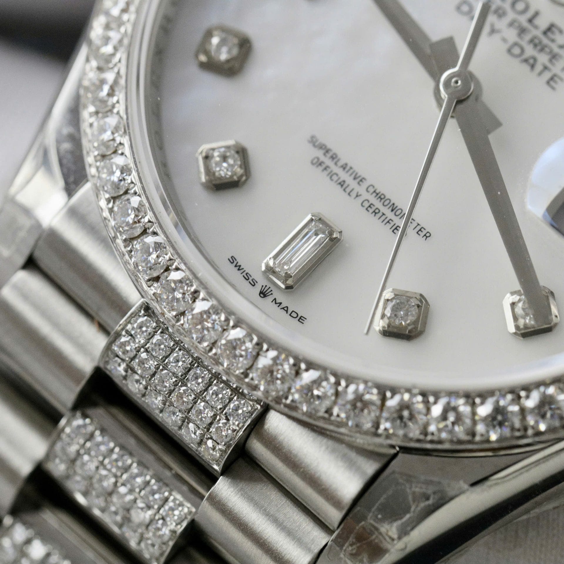 Rolex Day-Date Dial MOP Super Clone Watch Custom Moissanite Diamonds 36mm - Image 6