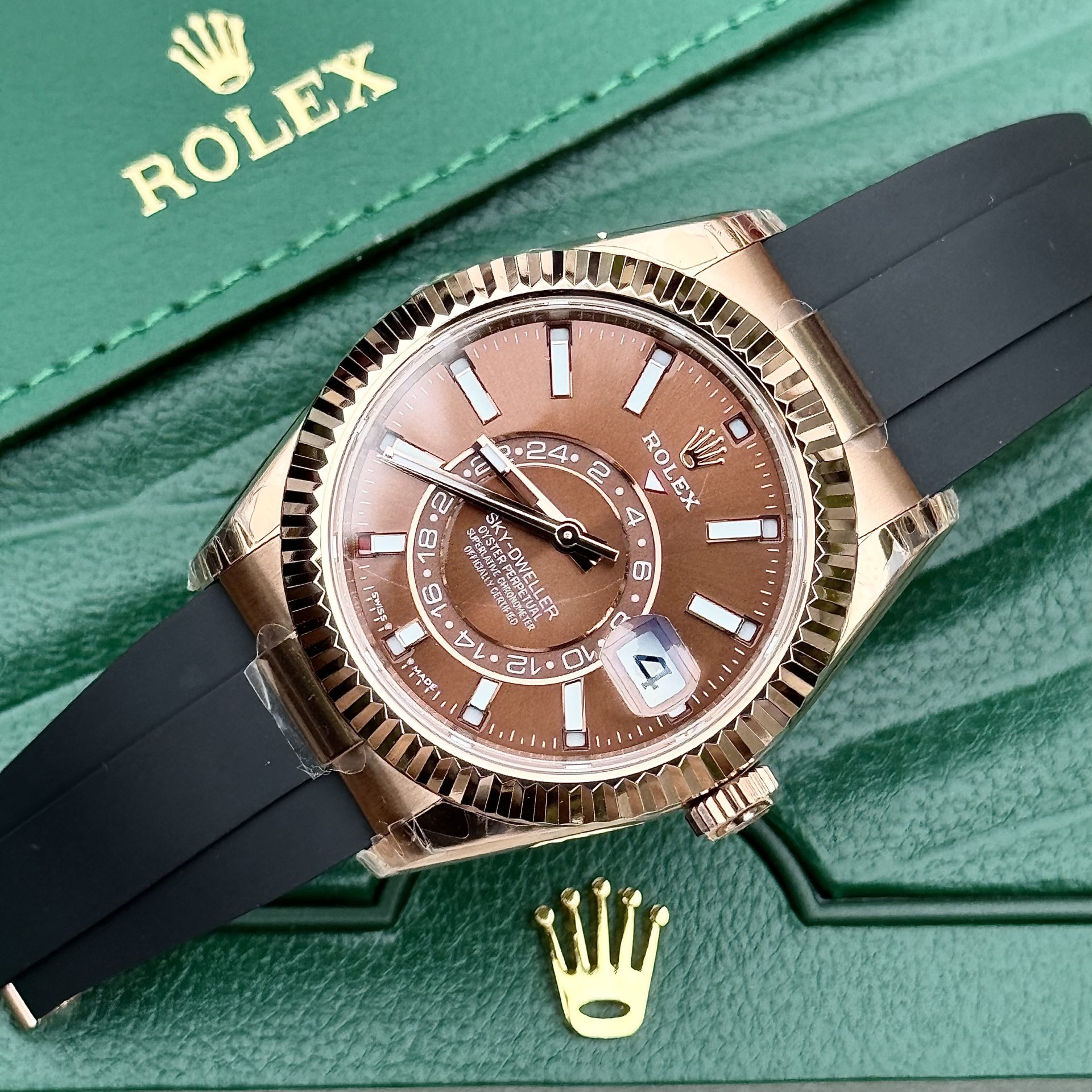 Rolex Super Clone Watch Sky-Dweller 336235 Chocolate Dial Rubber Strap 42mm