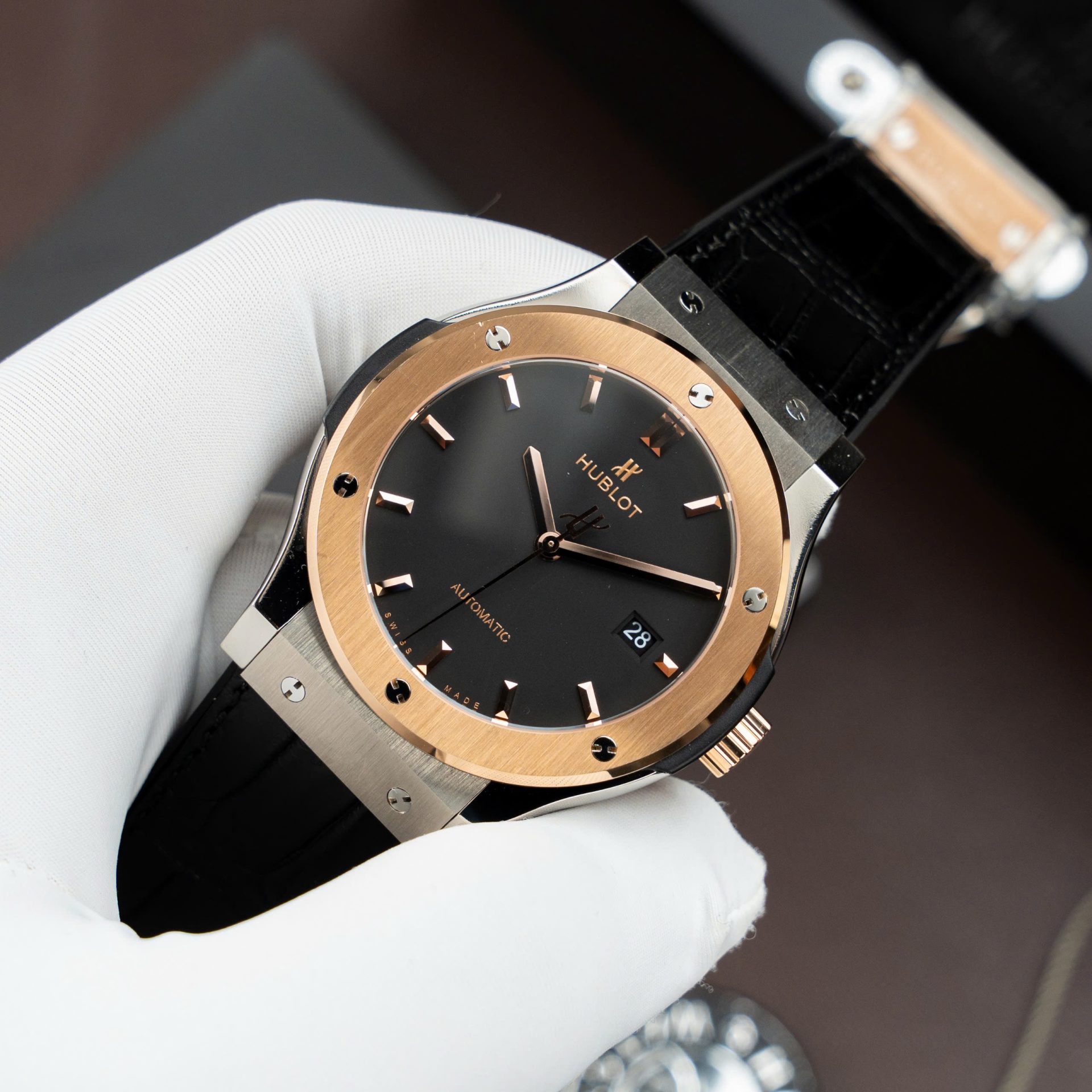 Hublot Classic Fusion Titanium King Gold Copies Watches Movement SW300 Crocodile Leather Strap 42mm - Image 3