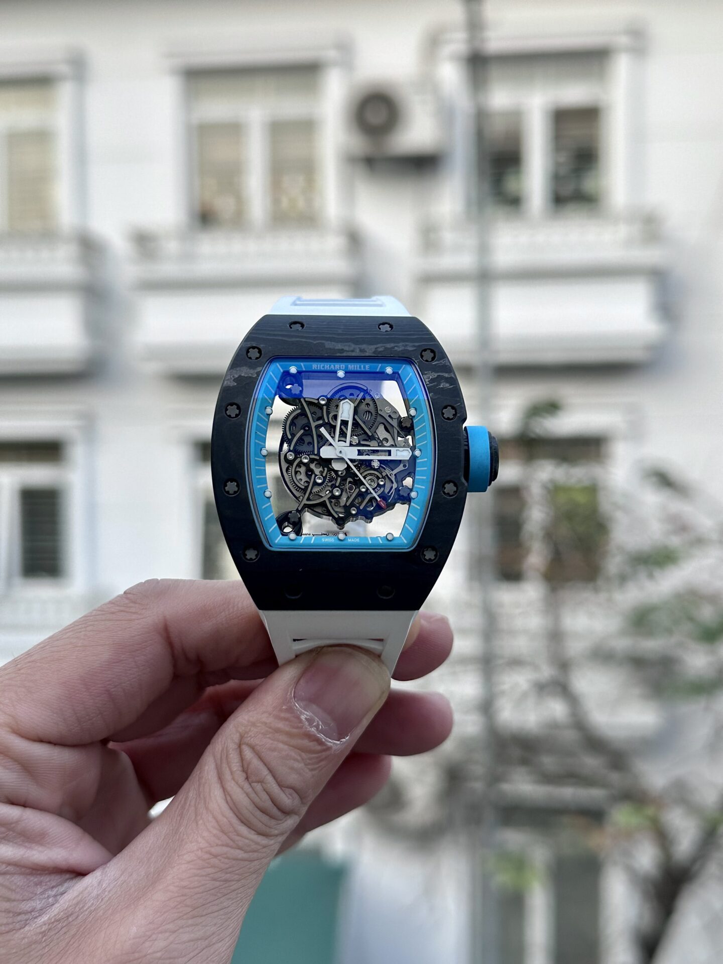 Richard Mille RM055 Super Clone Watch Full Carbon White Rubber Strap BBR 45mm